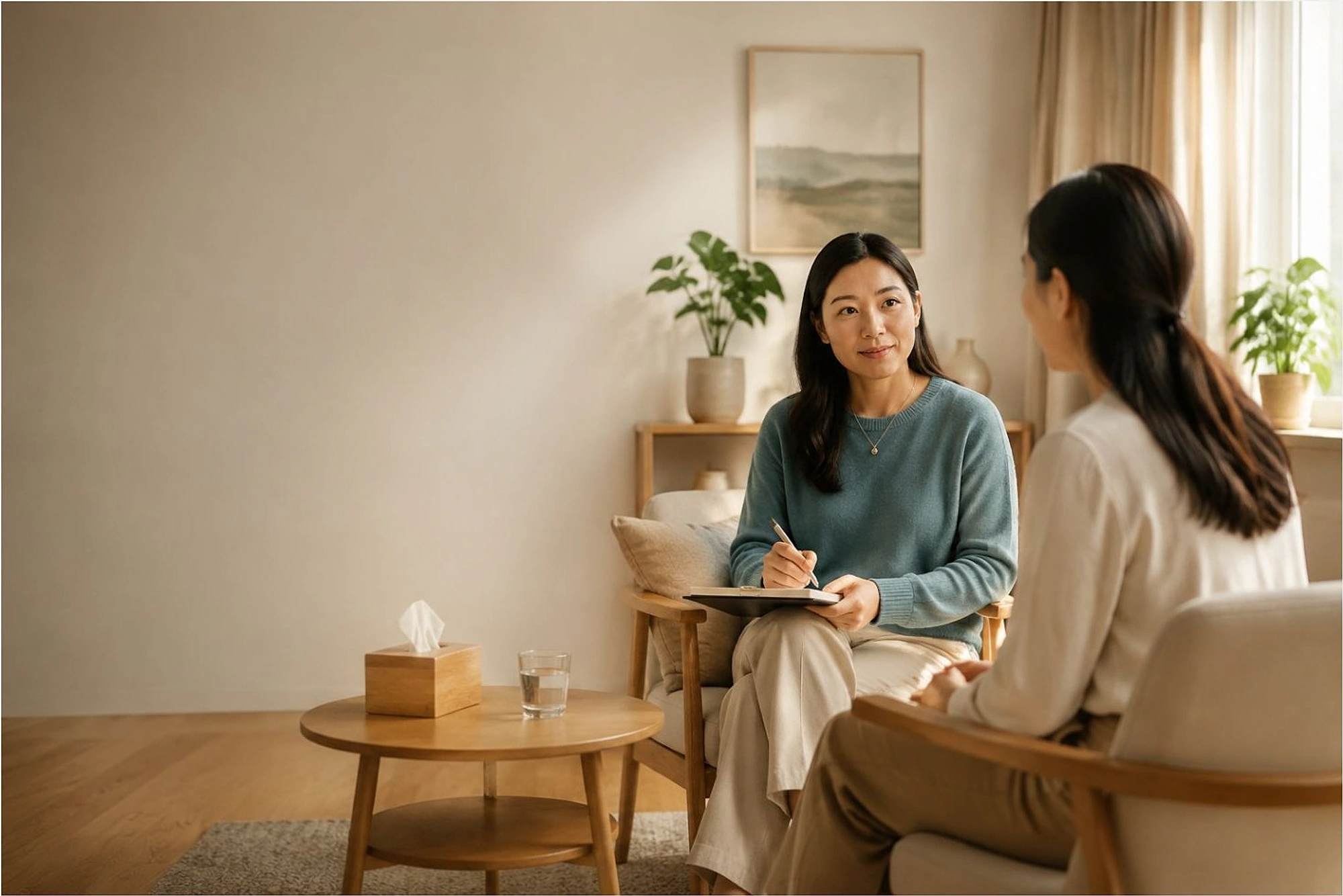咨询师倾听员工并提供一对一心理支持